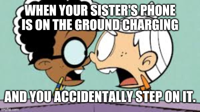 Shocked Lincoln and Clyde | WHEN YOUR SISTER'S PHONE IS ON THE GROUND CHARGING; AND YOU ACCIDENTALLY STEP ON IT. | image tagged in shocked lincoln and clyde | made w/ Imgflip meme maker