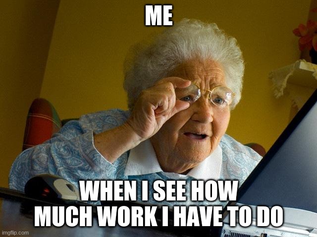 Grandma Finds The Internet Meme | ME; WHEN I SEE HOW MUCH WORK I HAVE TO DO | image tagged in memes,grandma finds the internet | made w/ Imgflip meme maker