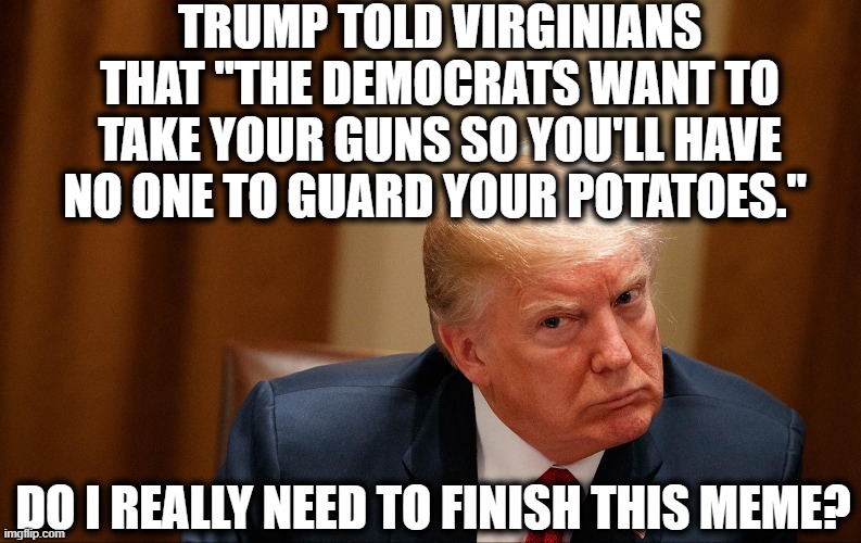 It's a "Dan Quayle Potato Moment"! | TRUMP TOLD VIRGINIANS THAT "THE DEMOCRATS WANT TO TAKE YOUR GUNS SO YOU'LL HAVE NO ONE TO GUARD YOUR POTATOES."; DO I REALLY NEED TO FINISH THIS MEME? | image tagged in donald trump,virginia,2nd amendment,guns,potatoes,meme | made w/ Imgflip meme maker
