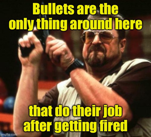 Bullet.  You’re fired! | Bullets are the only thing around here; that do their job
after getting fired | image tagged in gun,you're fired | made w/ Imgflip meme maker