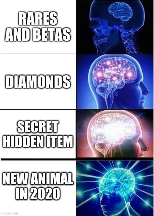 Expanding Brain | RARES AND BETAS; DIAMONDS; SECRET HIDDEN ITEM; NEW ANIMAL IN 2020 | image tagged in memes,expanding brain | made w/ Imgflip meme maker