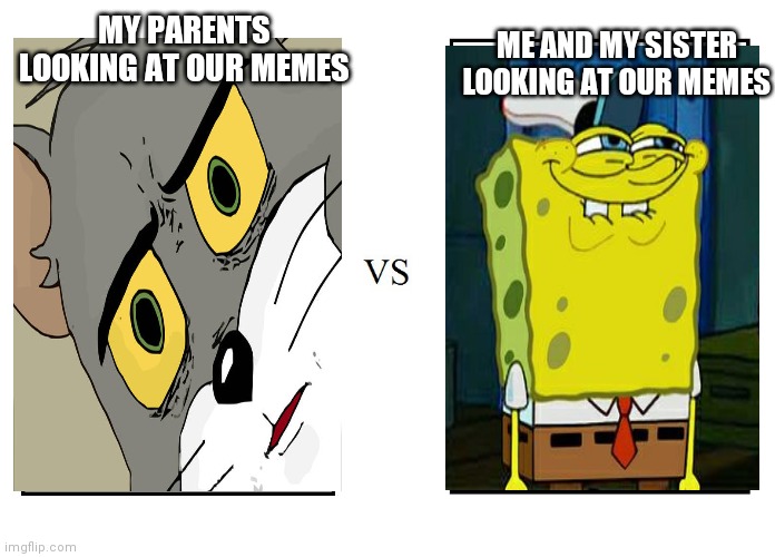 versus |  ME AND MY SISTER LOOKING AT OUR MEMES; MY PARENTS LOOKING AT OUR MEMES | image tagged in versus | made w/ Imgflip meme maker