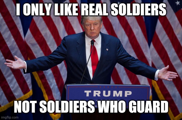 Donald Trump | I ONLY LIKE REAL SOLDIERS NOT SOLDIERS WHO GUARD | image tagged in donald trump | made w/ Imgflip meme maker