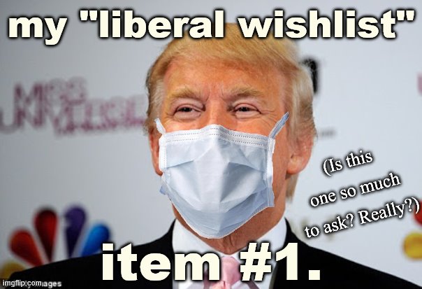 President Trump has *still* not worn a face-mask in public. Leadership by example starts at the top. | my "liberal wishlist"; (Is this one so much to ask? Really?); item #1. | image tagged in donald trump approves,face mask,covid-19,coronavirus,trump is a moron,donald trump is an idiot | made w/ Imgflip meme maker