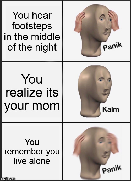 Me at 3:00 AM | You hear footsteps in the middle of the night; You realize its your mom; You remember you live alone | image tagged in memes,panik kalm panik | made w/ Imgflip meme maker