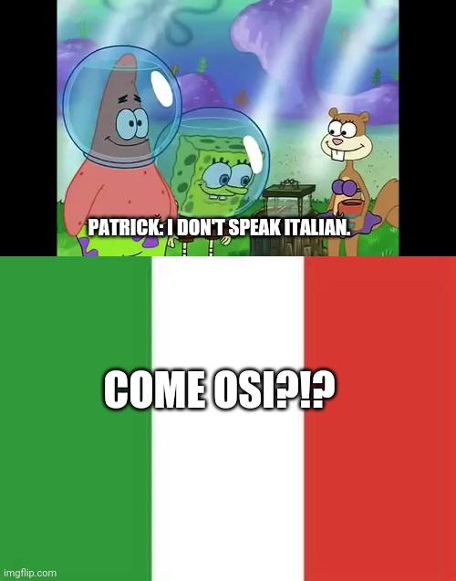 And This Is Why Patrick Has No Italian Friends | PATRICK: I DON'T SPEAK ITALIAN. COME OSI?!? | image tagged in italy flag,spongebob i don't speak | made w/ Imgflip meme maker