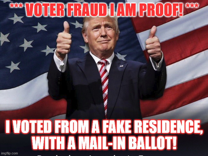 Donald Trump Thumbs Up | *** VOTER FRAUD I AM PROOF! ***; I VOTED FROM A FAKE RESIDENCE,
WITH A MAIL-IN BALLOT! | image tagged in donald trump thumbs up,PoliticalMemes | made w/ Imgflip meme maker
