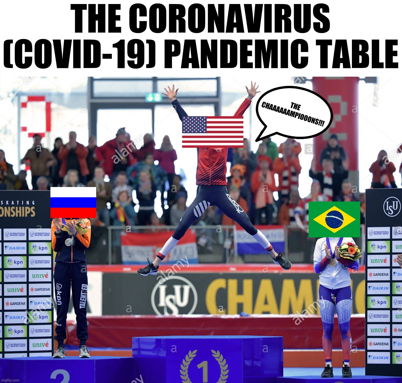 lel | THE CORONAVIRUS (COVID-19) PANDEMIC TABLE; THE CHAAAAAAMPIOOONS!!! | image tagged in funny,coronavirus,covid-19,usa,russia,brazil | made w/ Imgflip meme maker