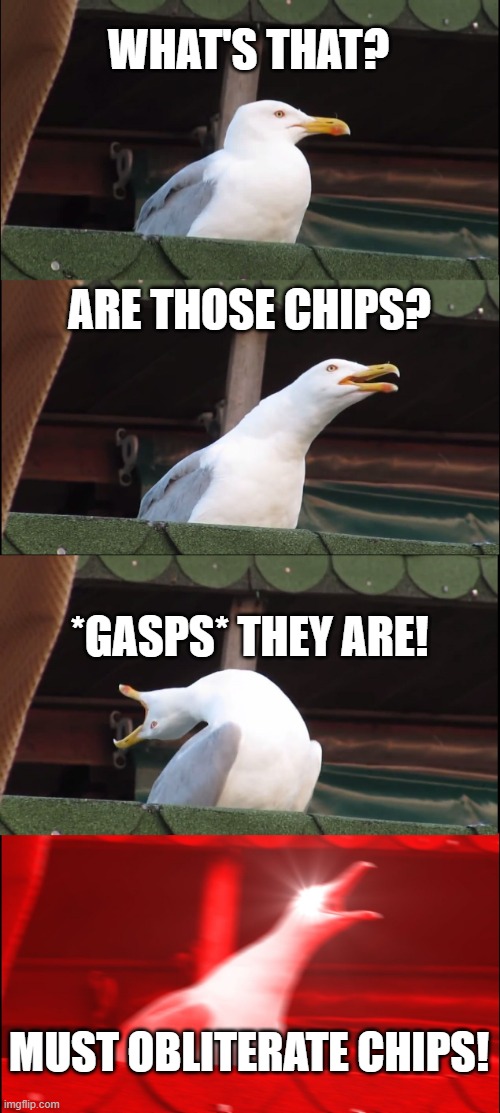 Chippys! | WHAT'S THAT? ARE THOSE CHIPS? *GASPS* THEY ARE! MUST OBLITERATE CHIPS! | image tagged in memes,inhaling seagull | made w/ Imgflip meme maker