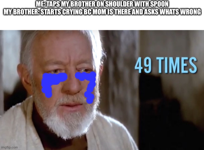 49 times (bushes of love) | ME: TAPS MY BROTHER ON SHOULDER WITH SPOON
MY BROTHER: STARTS CRYING BC MOM IS THERE AND ASKS WHATS WRONG | image tagged in 49 times bushes of love,memes,crying,starwars | made w/ Imgflip meme maker