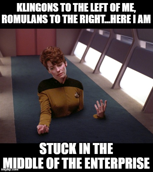 Steeler's Starship's Latest Hit | KLINGONS TO THE LEFT OF ME, ROMULANS TO THE RIGHT...HERE I AM; STUCK IN THE MIDDLE OF THE ENTERPRISE | image tagged in stuck in the floor | made w/ Imgflip meme maker