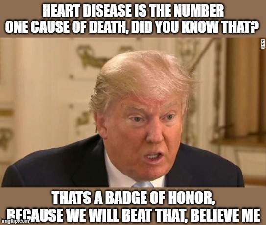 Stay home, stay safe, wear a mask | HEART DISEASE IS THE NUMBER ONE CAUSE OF DEATH, DID YOU KNOW THAT? THATS A BADGE OF HONOR, BECAUSE WE WILL BEAT THAT, BELIEVE ME | image tagged in memes,coronavirus,maga,donald trump is an idiot,politics,healthcare | made w/ Imgflip meme maker