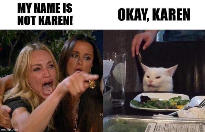 MY NAME IS NOT KAREN | MY NAME IS
NOT KAREN! OKAY, KAREN | image tagged in memes,woman yelling at cat | made w/ Imgflip meme maker