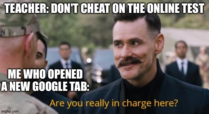 Are you really in charge here? | TEACHER: DON'T CHEAT ON THE ONLINE TEST; ME WHO OPENED A NEW GOOGLE TAB: | image tagged in are you really in charge here | made w/ Imgflip meme maker