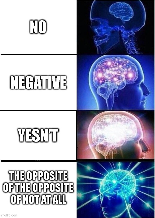 No | NO; NEGATIVE; YESN'T; THE OPPOSITE OF THE OPPOSITE OF NOT AT ALL | image tagged in memes,expanding brain | made w/ Imgflip meme maker