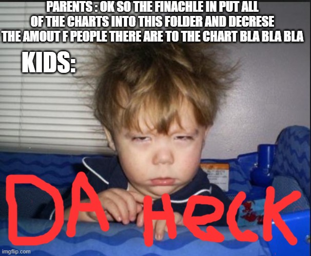 Tired child | PARENTS : OK SO THE FINACHLE IN PUT ALL OF THE CHARTS INTO THIS FOLDER AND DECRESE THE AMOUT F PEOPLE THERE ARE TO THE CHART BLA BLA BLA; KIDS: | image tagged in tired child | made w/ Imgflip meme maker