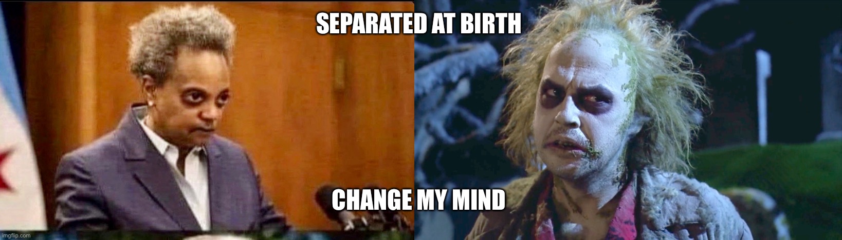 SEPARATED AT BIRTH; CHANGE MY MIND image tagged in beetlejuice made w/ Imgf...