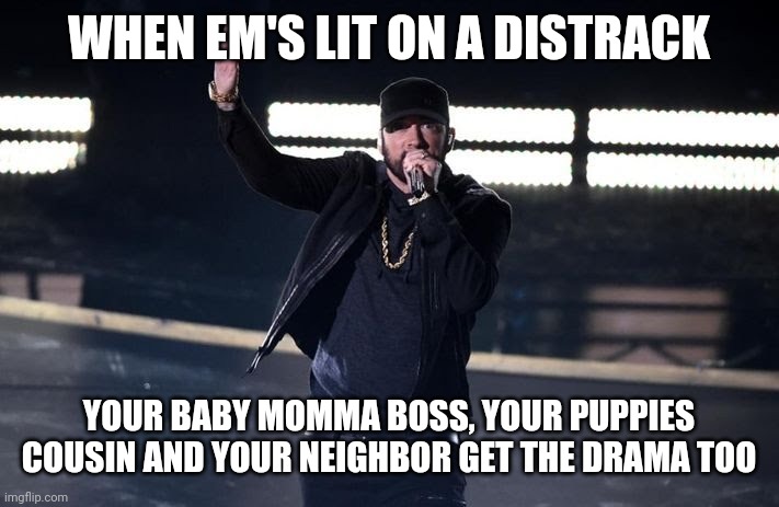 WHEN EM'S LIT ON A DISTRACK; YOUR BABY MOMMA BOSS, YOUR PUPPIES COUSIN AND YOUR NEIGHBOR GET THE DRAMA TOO | image tagged in eminem | made w/ Imgflip meme maker