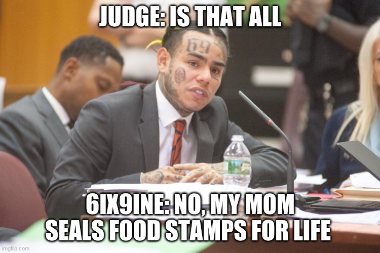 Tekashi 6ix9ine testifies | JUDGE: IS THAT ALL; 6IX9INE: NO, MY MOM SEALS FOOD STAMPS FOR LIFE | image tagged in tekashi 6ix9ine testifies | made w/ Imgflip meme maker