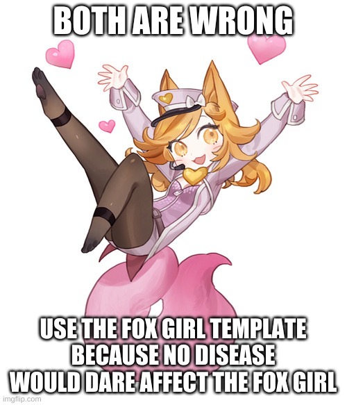 fox girl | BOTH ARE WRONG USE THE FOX GIRL TEMPLATE BECAUSE NO DISEASE WOULD DARE AFFECT THE FOX GIRL | image tagged in fox girl | made w/ Imgflip meme maker