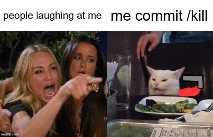 /kill | people laughing at me; me commit /kill | image tagged in memes,woman yelling at cat | made w/ Imgflip meme maker