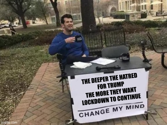 What other explanation could there be? | THE DEEPER THE HATRED
 FOR TRUMP THE MORE THEY WANT LOCKDOWN TO CONTINUE | image tagged in memes,change my mind,quarantine | made w/ Imgflip meme maker