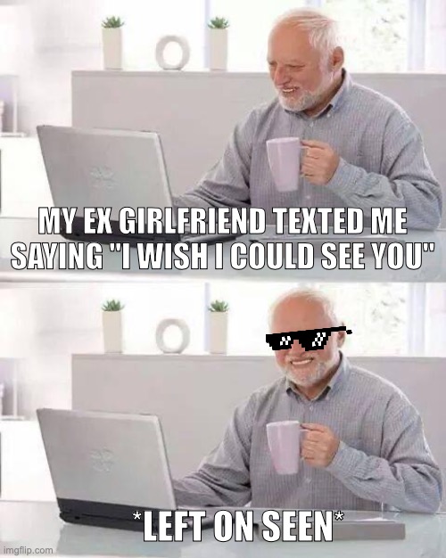 Hide the Pain Harold Meme | MY EX GIRLFRIEND TEXTED ME SAYING "I WISH I COULD SEE YOU"; *LEFT ON SEEN* | image tagged in memes,hide the pain harold | made w/ Imgflip meme maker