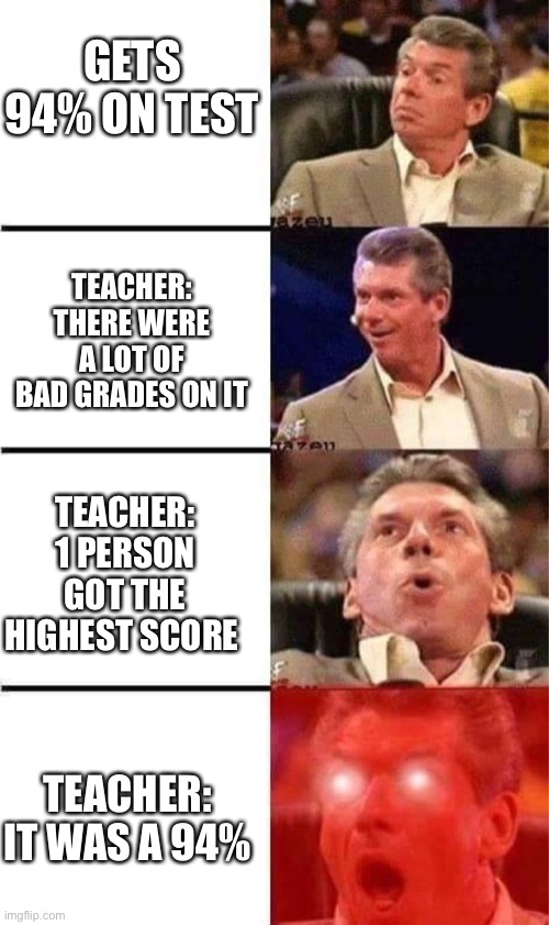 Teachers | GETS 94% ON TEST; TEACHER: THERE WERE A LOT OF BAD GRADES ON IT; TEACHER: 1 PERSON GOT THE HIGHEST SCORE; TEACHER: IT WAS A 94% | image tagged in vince mcmahon reaction w/glowing eyes,school,math | made w/ Imgflip meme maker