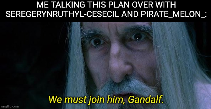 saruman | ME TALKING THIS PLAN OVER WITH SEREGERYNRUTHYL-CESECIL AND PIRATE_MELON_: We must join him, Gandalf. | image tagged in saruman | made w/ Imgflip meme maker
