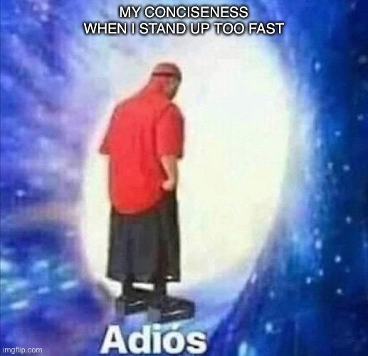 Adios | MY CONCISENESS WHEN I STAND UP TOO FAST | image tagged in adios | made w/ Imgflip meme maker