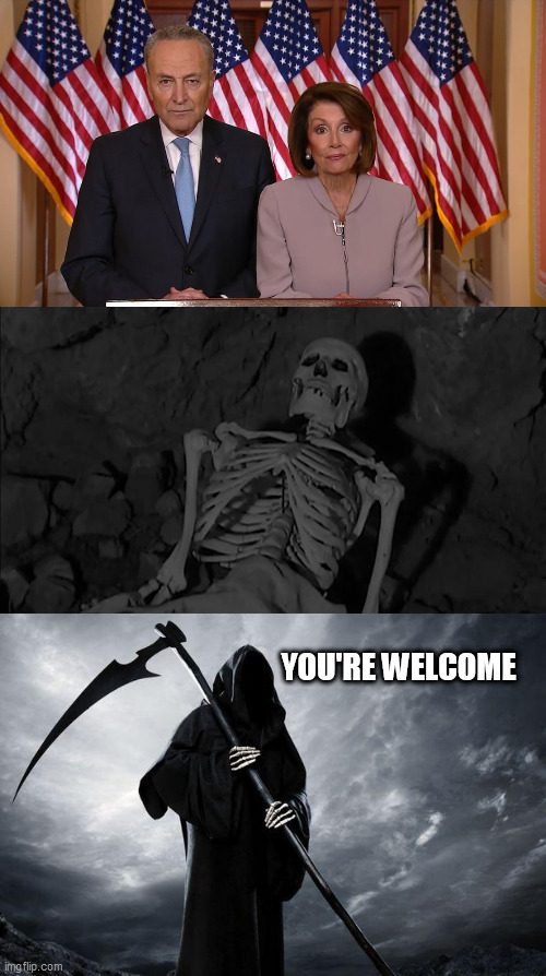 YOU'RE WELCOME | image tagged in death,chuck and nancy,lost skeleton of cadavra | made w/ Imgflip meme maker