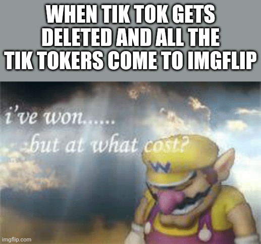 :( | WHEN TIK TOK GETS DELETED AND ALL THE TIK TOKERS COME TO IMGFLIP | image tagged in i've won but at what cost,tik tok,memes | made w/ Imgflip meme maker