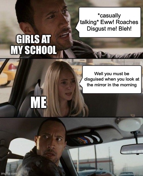 The Rock Driving Meme | *casually talking* Eww! Roaches Disgust me! Bleh! GIRLS AT MY SCHOOL; Well you must be disguised when you look at the mirror in the morning; ME | image tagged in memes,the rock driving | made w/ Imgflip meme maker