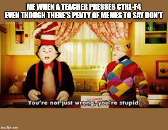 Your not just wrong your stupid | ME WHEN A TEACHER PRESSES CTRL-F4
EVEN THOUGH THERE'S PENTY OF MEMES TO SAY DON'T | image tagged in your not just wrong your stupid | made w/ Imgflip meme maker