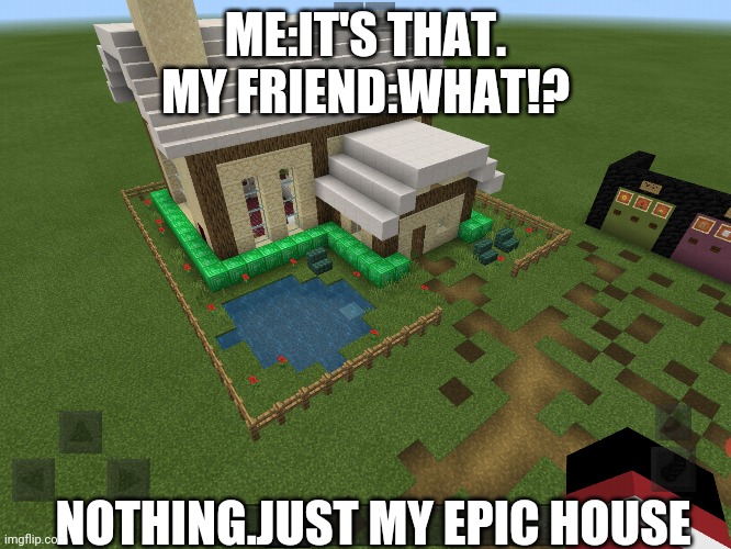 Minecraft House Meme | ME:IT'S THAT.
MY FRIEND:WHAT!? NOTHING.JUST MY EPIC HOUSE | image tagged in minecraft | made w/ Imgflip meme maker