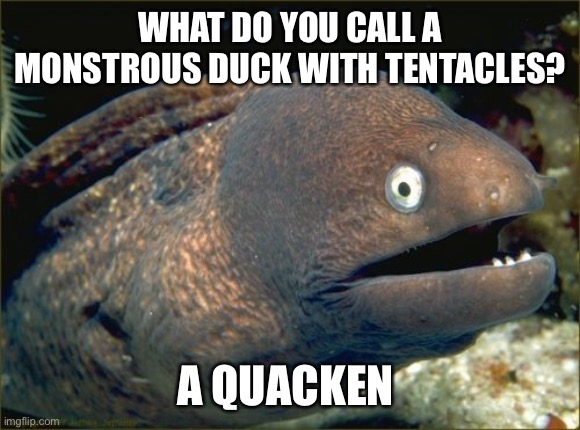 Bad Joke Eel Meme | WHAT DO YOU CALL A MONSTROUS DUCK WITH TENTACLES? A QUACKEN | image tagged in memes,bad joke eel | made w/ Imgflip meme maker