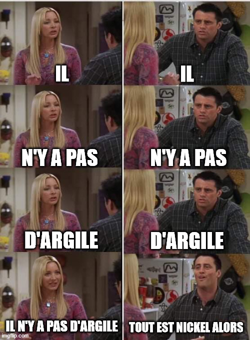 Phoebe Joey | IL; IL; N'Y A PAS; N'Y A PAS; D'ARGILE; D'ARGILE; IL N'Y A PAS D'ARGILE; TOUT EST NICKEL ALORS | image tagged in phoebe joey | made w/ Imgflip meme maker