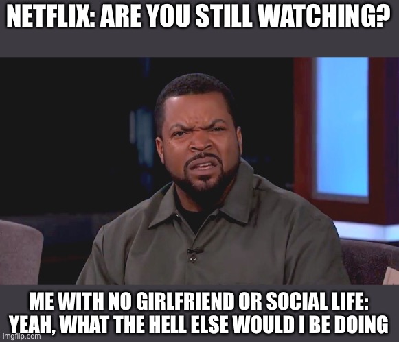 Really? Ice Cube | NETFLIX: ARE YOU STILL WATCHING? ME WITH NO GIRLFRIEND OR SOCIAL LIFE: YEAH, WHAT THE HELL ELSE WOULD I BE DOING | image tagged in really ice cube | made w/ Imgflip meme maker