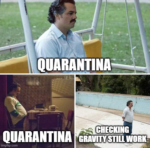 In Quarantina Gravity still work | QUARANTINA; QUARANTINA; CHECKING GRAVITY STILL WORK | image tagged in memes,sad pablo escobar | made w/ Imgflip meme maker