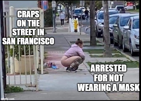 California | CRAPS ON THE STREET IN SAN FRANCISCO; ARRESTED FOR NOT WEARING A MASK | image tagged in san francisco | made w/ Imgflip meme maker