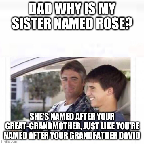 Dad why is my sister named rose? | DAD WHY IS MY SISTER NAMED ROSE? SHE'S NAMED AFTER YOUR GREAT-GRANDMOTHER, JUST LIKE YOU'RE NAMED AFTER YOUR GRANDFATHER DAVID | image tagged in dad why is my sister named rose,me_irl | made w/ Imgflip meme maker