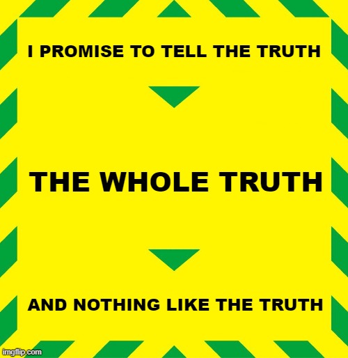 the oath | I PROMISE TO TELL THE TRUTH; THE WHOLE TRUTH; AND NOTHING LIKE THE TRUTH | image tagged in stay alert | made w/ Imgflip meme maker