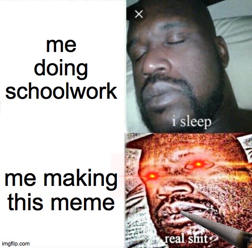 Sleeping Shaq | me doing schoolwork; me making this meme | image tagged in memes,sleeping shaq | made w/ Imgflip meme maker