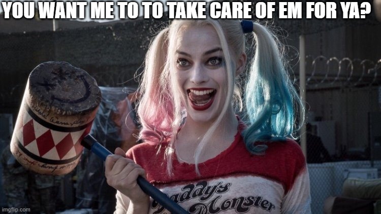 Harley Q | YOU WANT ME TO TO TAKE CARE OF EM FOR YA? | image tagged in harley q | made w/ Imgflip meme maker