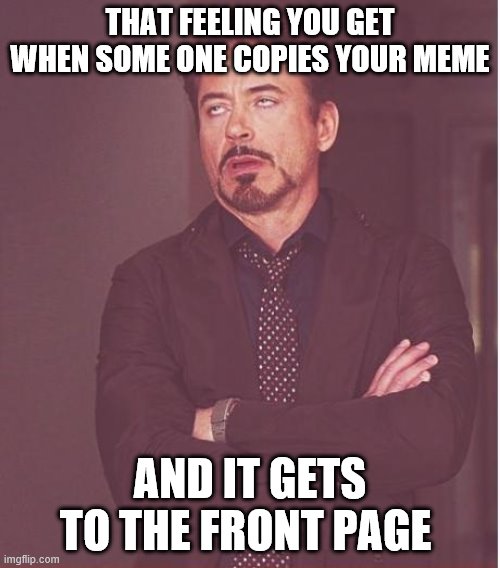 copy cat | THAT FEELING YOU GET WHEN SOME ONE COPIES YOUR MEME; AND IT GETS TO THE FRONT PAGE | image tagged in memes,face you make robert downey jr,copycat | made w/ Imgflip meme maker