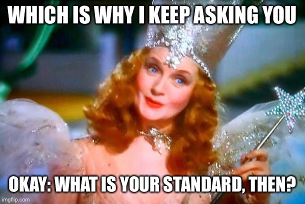 When they keep telling Democrats to use their standards but won't define what Republican standards are. | WHICH IS WHY I KEEP ASKING YOU; OKAY: WHAT IS YOUR STANDARD, THEN? | image tagged in glinda the good witch,double standards,double standard,metoo,sexual assault,sexual harassment | made w/ Imgflip meme maker