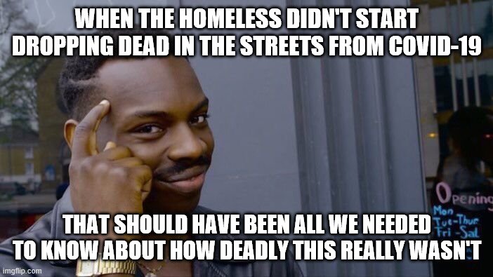 Roll Safe Think About It Meme | WHEN THE HOMELESS DIDN'T START DROPPING DEAD IN THE STREETS FROM COVID-19; THAT SHOULD HAVE BEEN ALL WE NEEDED TO KNOW ABOUT HOW DEADLY THIS REALLY WASN'T | image tagged in memes,roll safe think about it | made w/ Imgflip meme maker