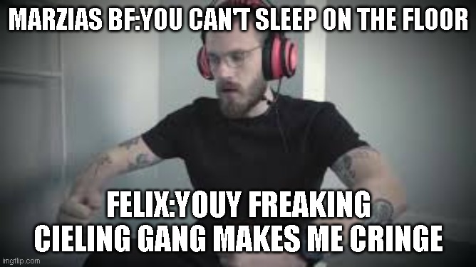 Floor Gang | MARZIAS BF:YOU CAN'T SLEEP ON THE FLOOR; FELIX:YOUY FREAKING CIELING GANG MAKES ME CRINGE | image tagged in floor gang | made w/ Imgflip meme maker