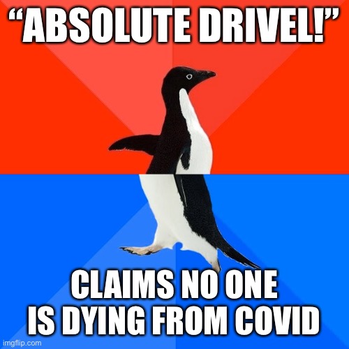 When they accuse your science as being “drivel” and then do this. | “ABSOLUTE DRIVEL!”; CLAIMS NO ONE IS DYING FROM COVID | image tagged in socially awesome awkward penguin,covid-19,coronavirus,conservative logic,yikes,science | made w/ Imgflip meme maker