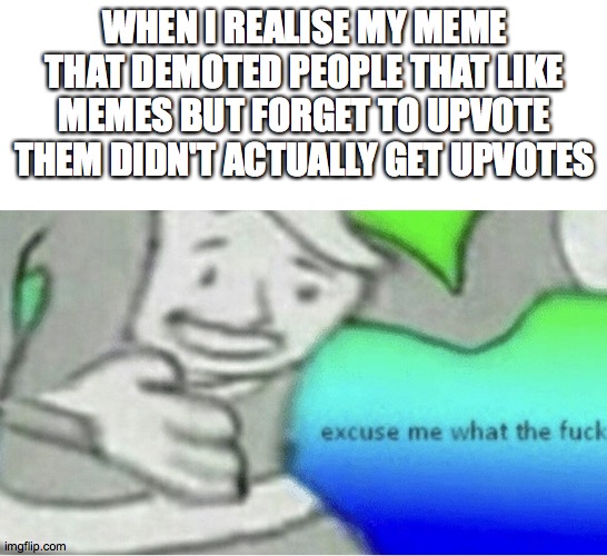 Excuse me wtf blank template | WHEN I REALISE MY MEME THAT DEMOTED PEOPLE THAT LIKE MEMES BUT FORGET TO UPVOTE THEM DIDN'T ACTUALLY GET UPVOTES | image tagged in excuse me wtf blank template | made w/ Imgflip meme maker